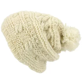 Wool Knit Bobble Beanie Hat - Cream