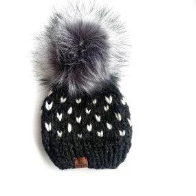 0-3 month Baby Knit Hearts Pom Hat | Charcoal Gray   Off White