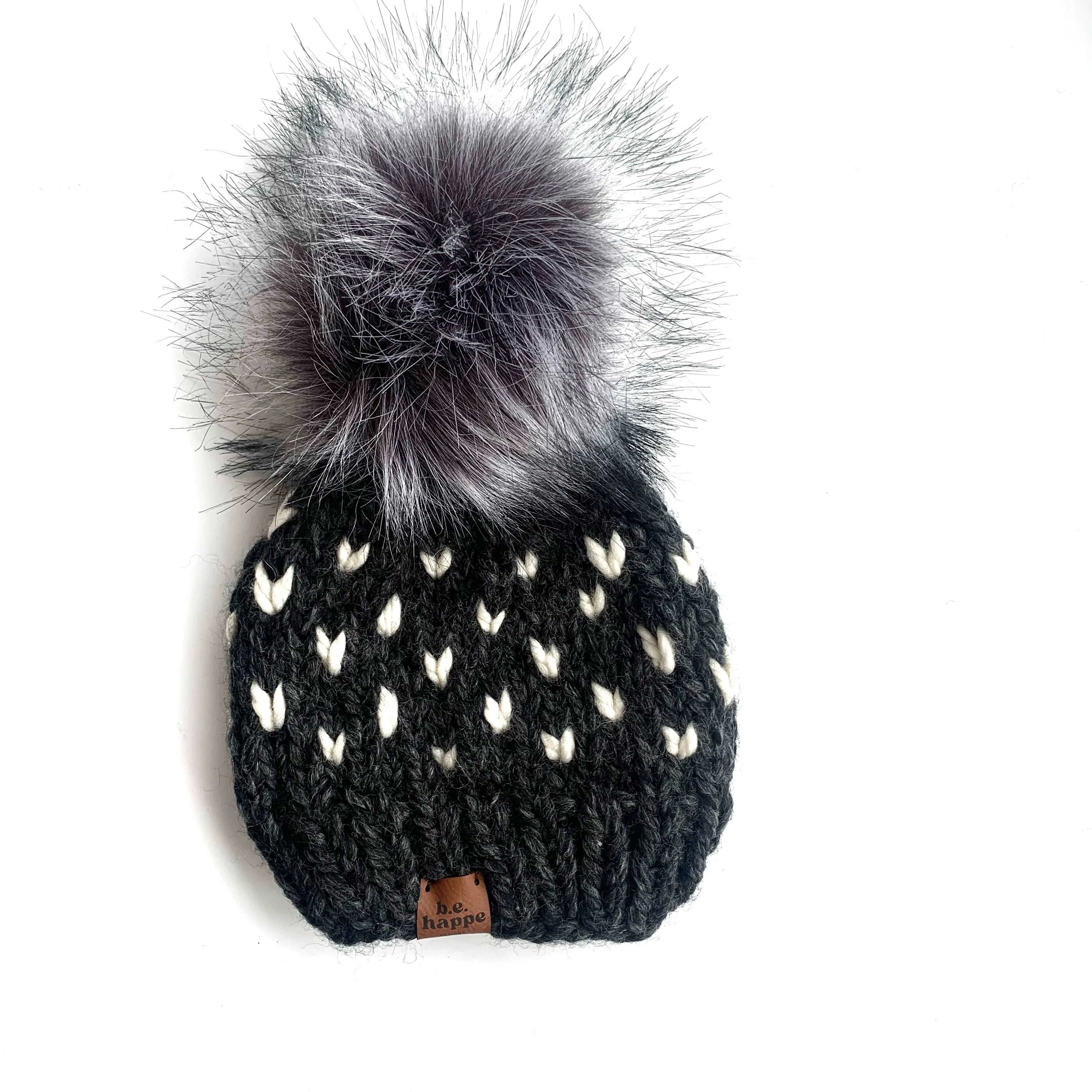 0-3 month Baby Knit Hearts Pom Hat | Charcoal Gray   Off White