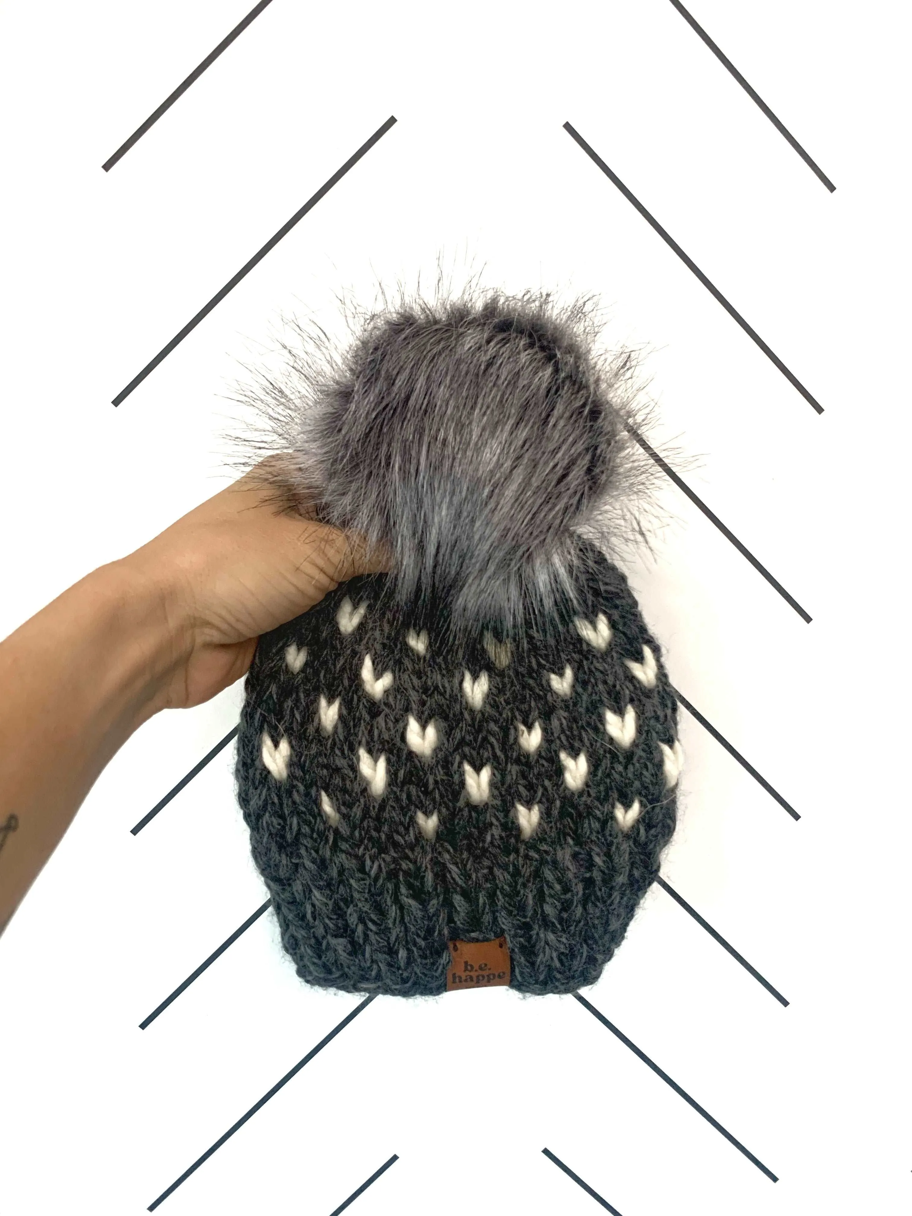 0-3 month Baby Knit Hearts Pom Hat | Charcoal Gray   Off White