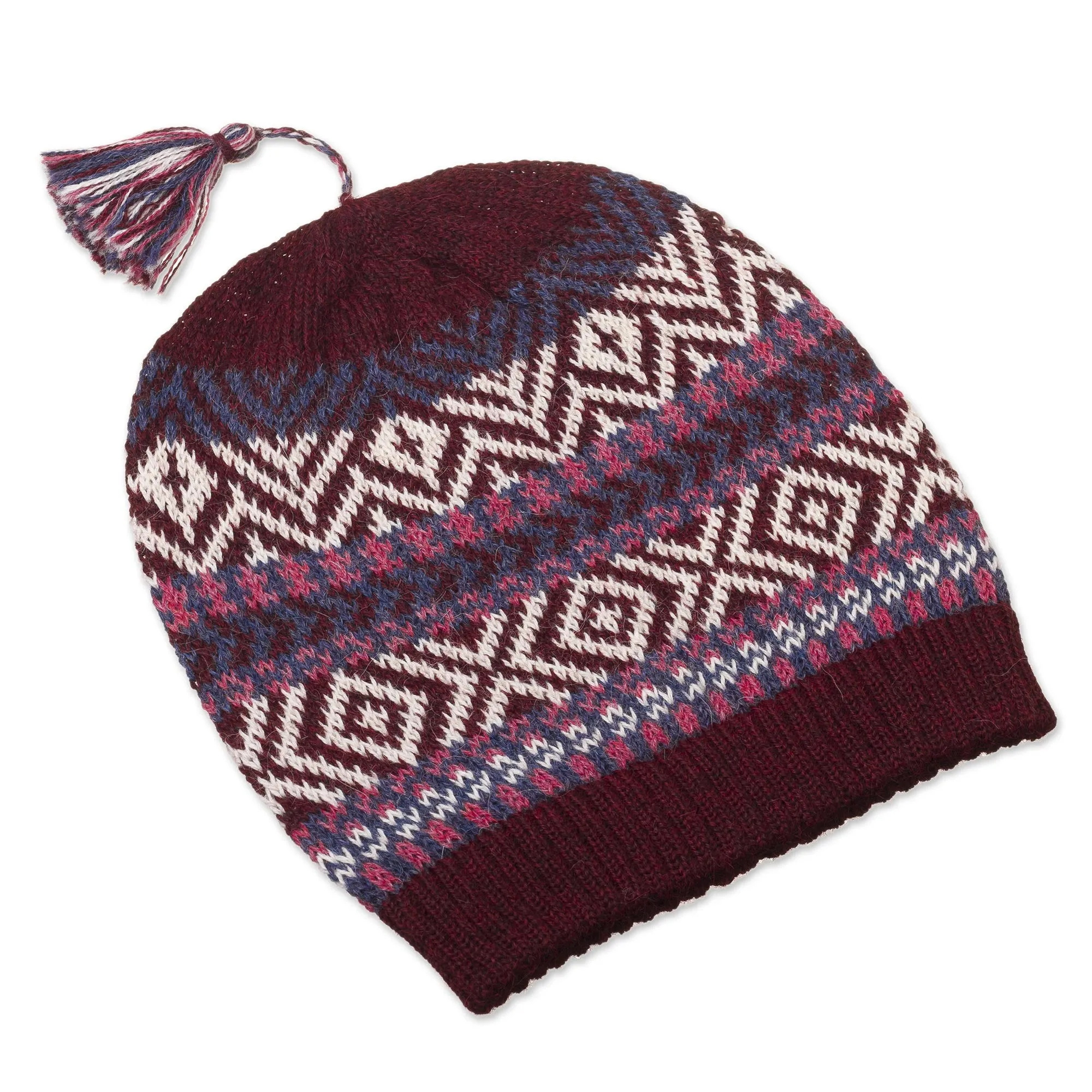 100% Alpaca Knit Hat from Peru - Inca Festival in Wine | NOVICA