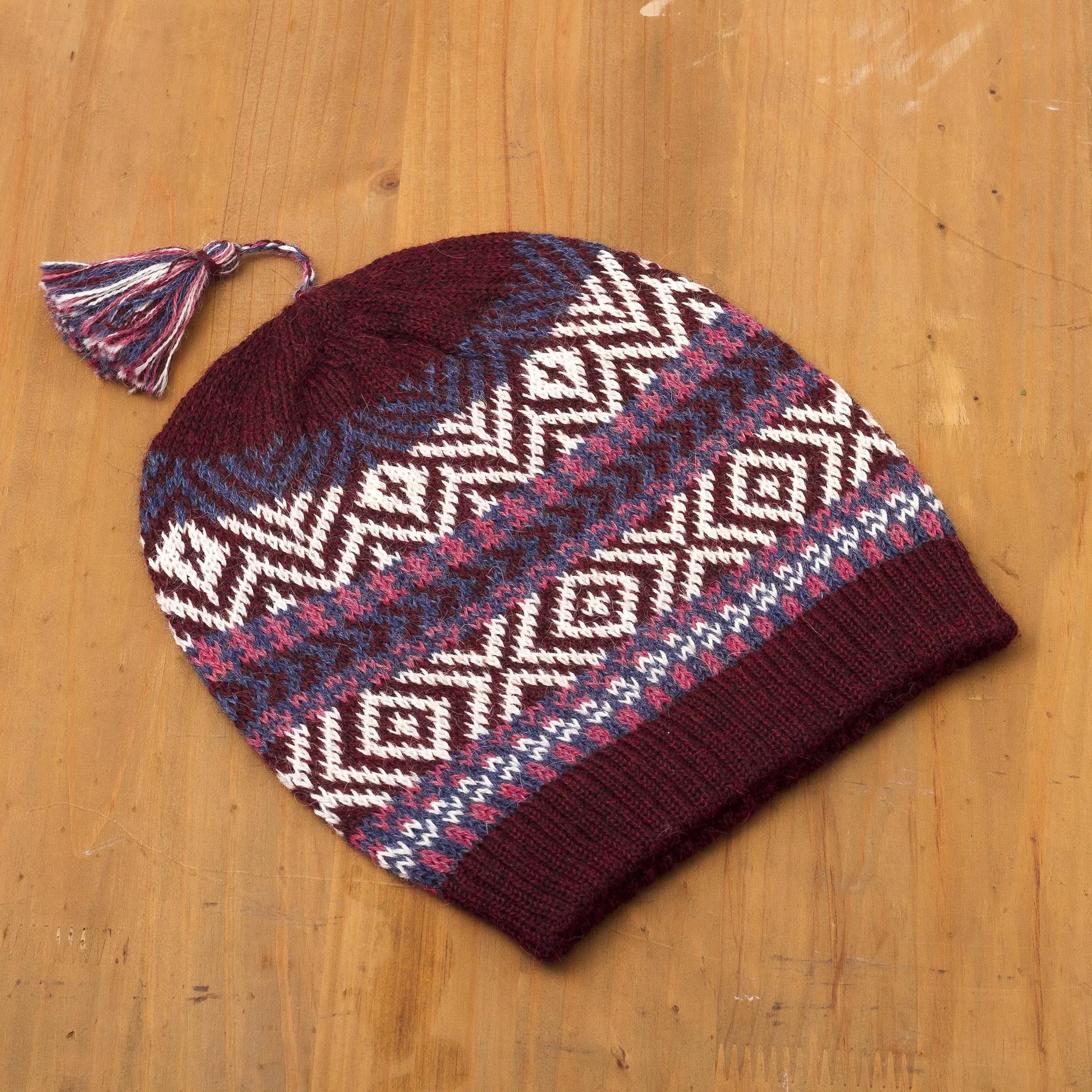 100% Alpaca Knit Hat from Peru - Inca Festival in Wine | NOVICA