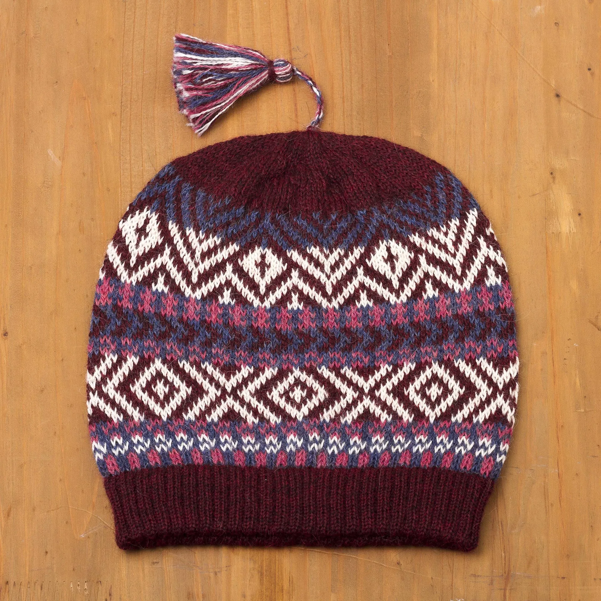 100% Alpaca Knit Hat from Peru - Inca Festival in Wine | NOVICA