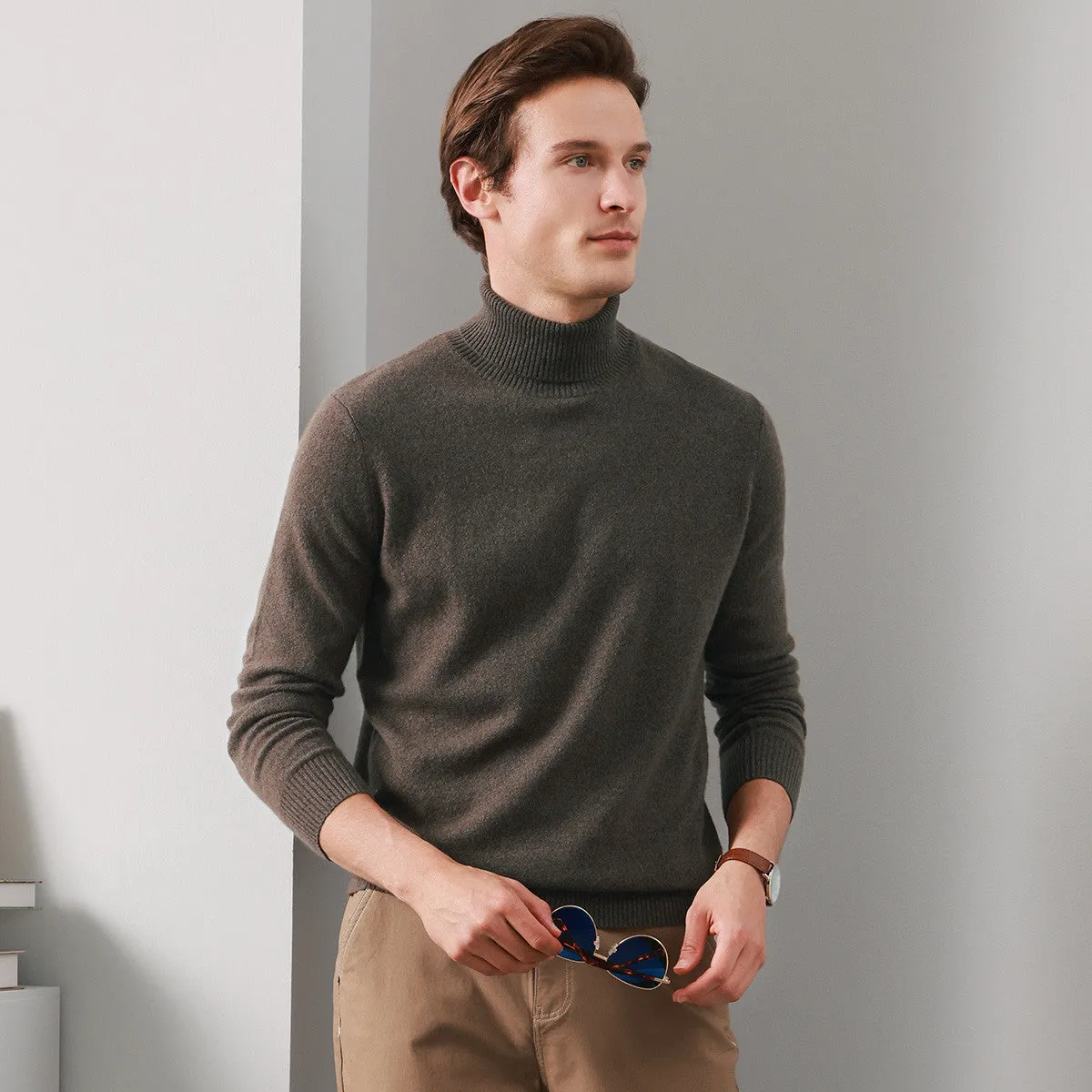 100% Cashmere Mens Ribbed Turtleneck Sweater