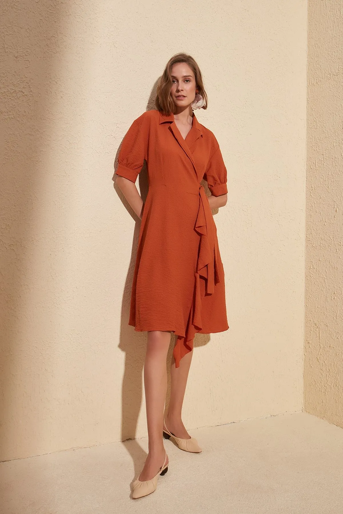 16469 Burnt Orange Ruffle Wrap Dress