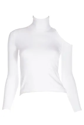 2010s Versace White Stretch Knit T Neck Top With Shoulder Cut Out