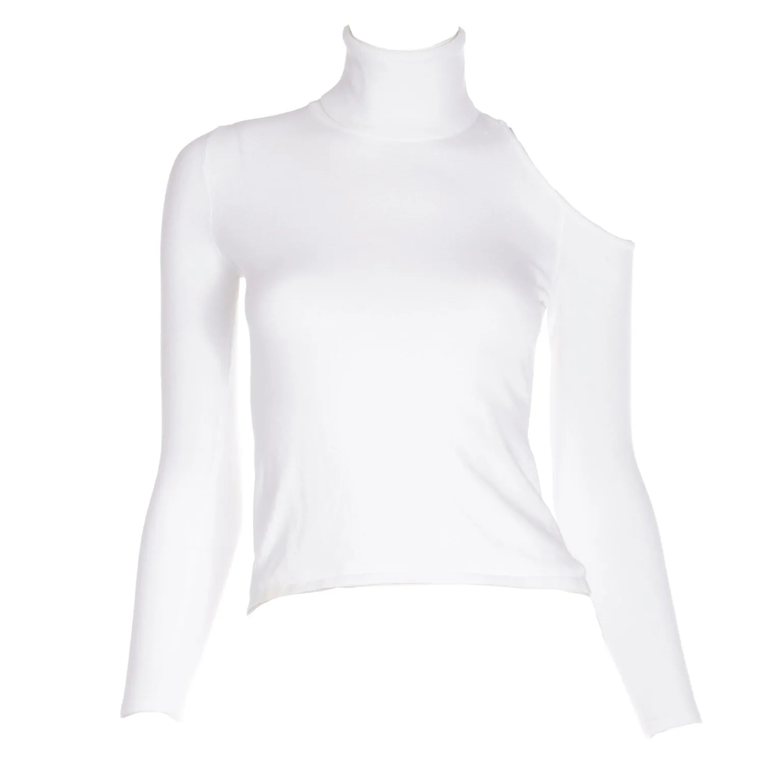 2010s Versace White Stretch Knit T Neck Top With Shoulder Cut Out