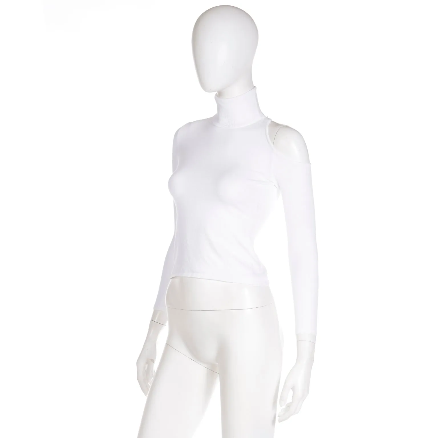 2010s Versace White Stretch Knit T Neck Top With Shoulder Cut Out