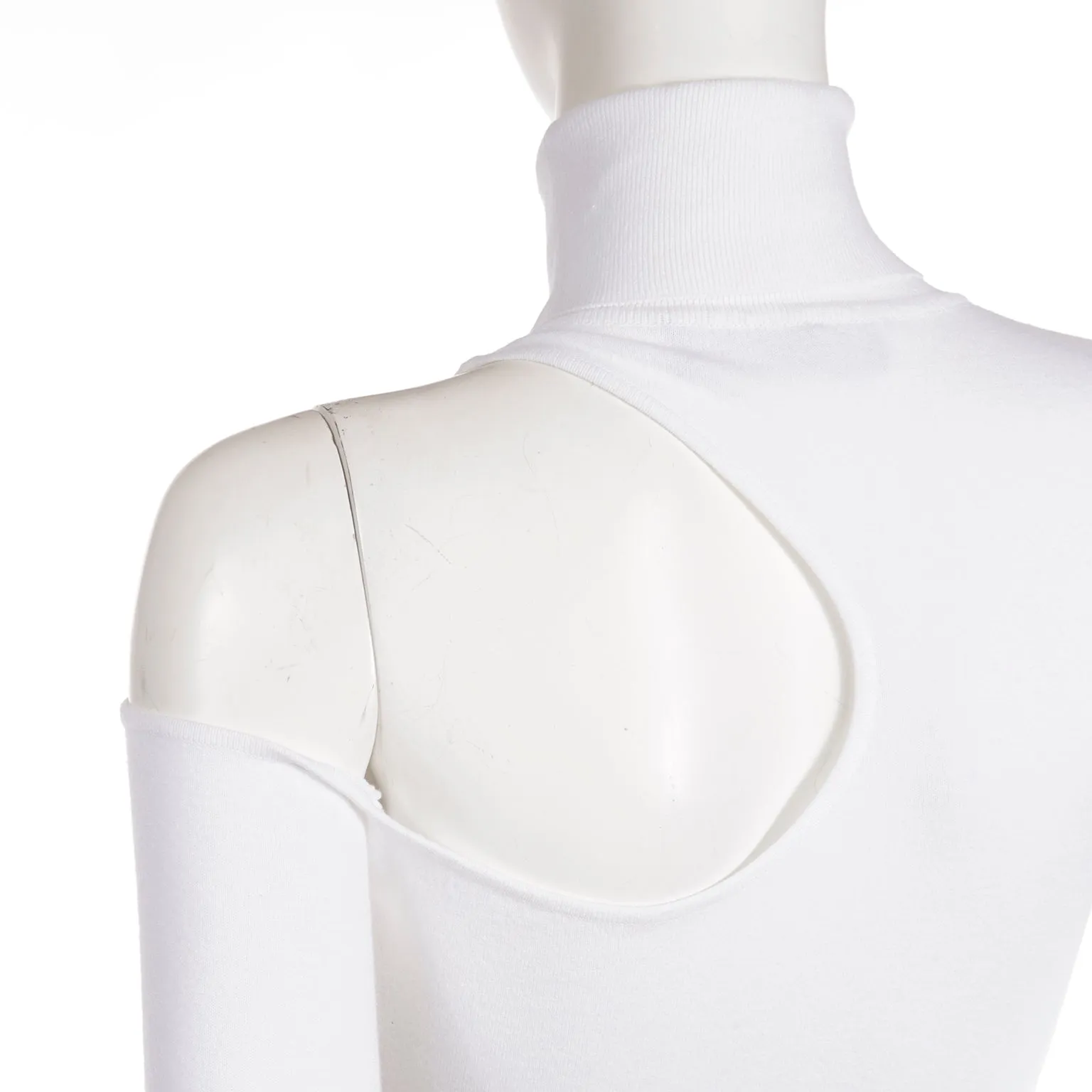 2010s Versace White Stretch Knit T Neck Top With Shoulder Cut Out