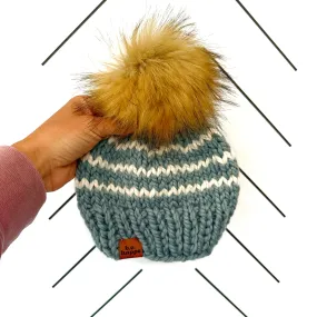 3-6 month Baby Knit Pom Hat | Succulent Blue   Off White