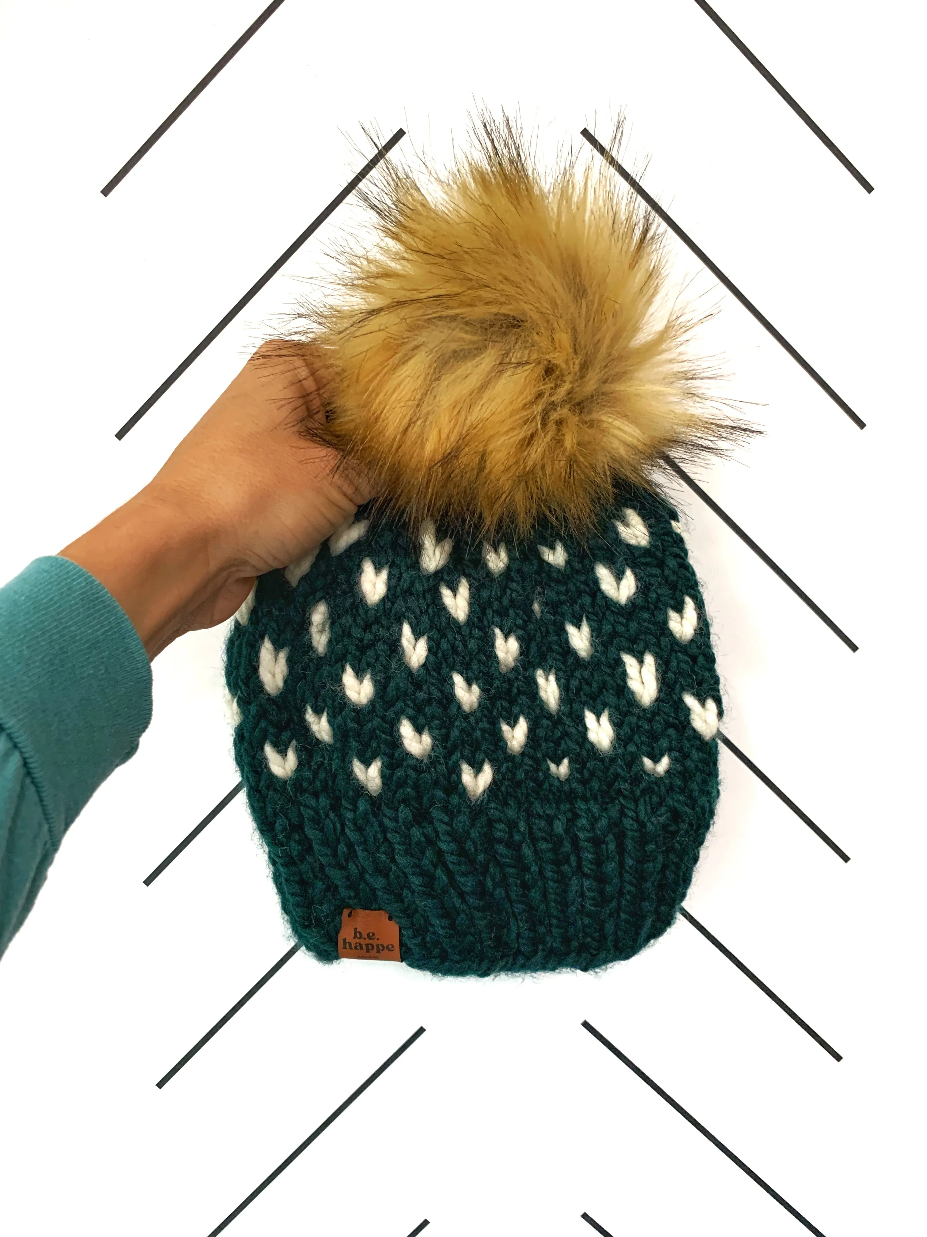 3-6 month Hearts Knit Pom Hat | Dark Green   Off White