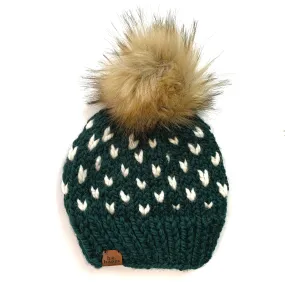 3-6 month Hearts Knit Pom Hat | Dark Green   Off White