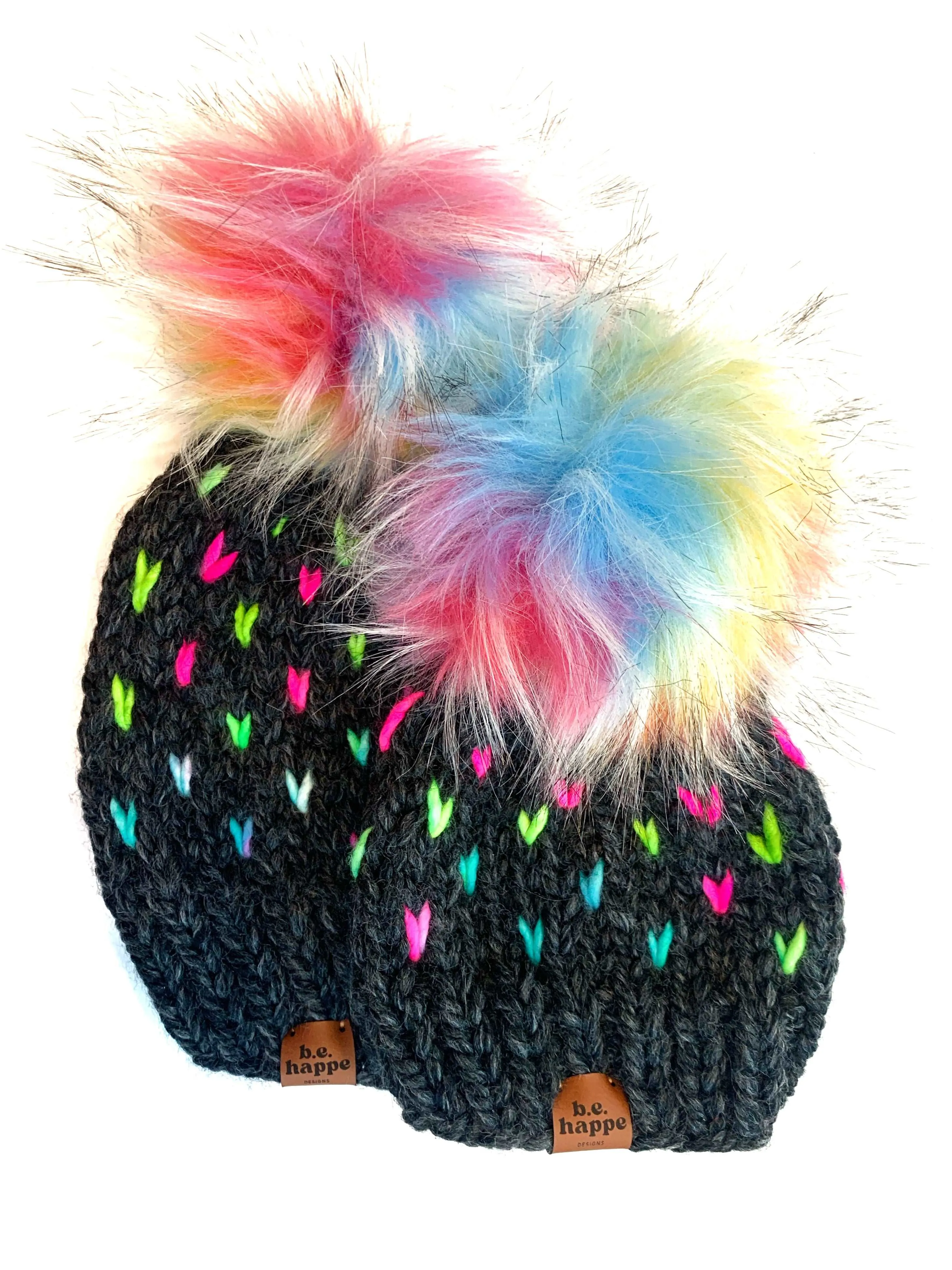 3-6 month Knit Hearts Pom Hat | Gray Rainbow