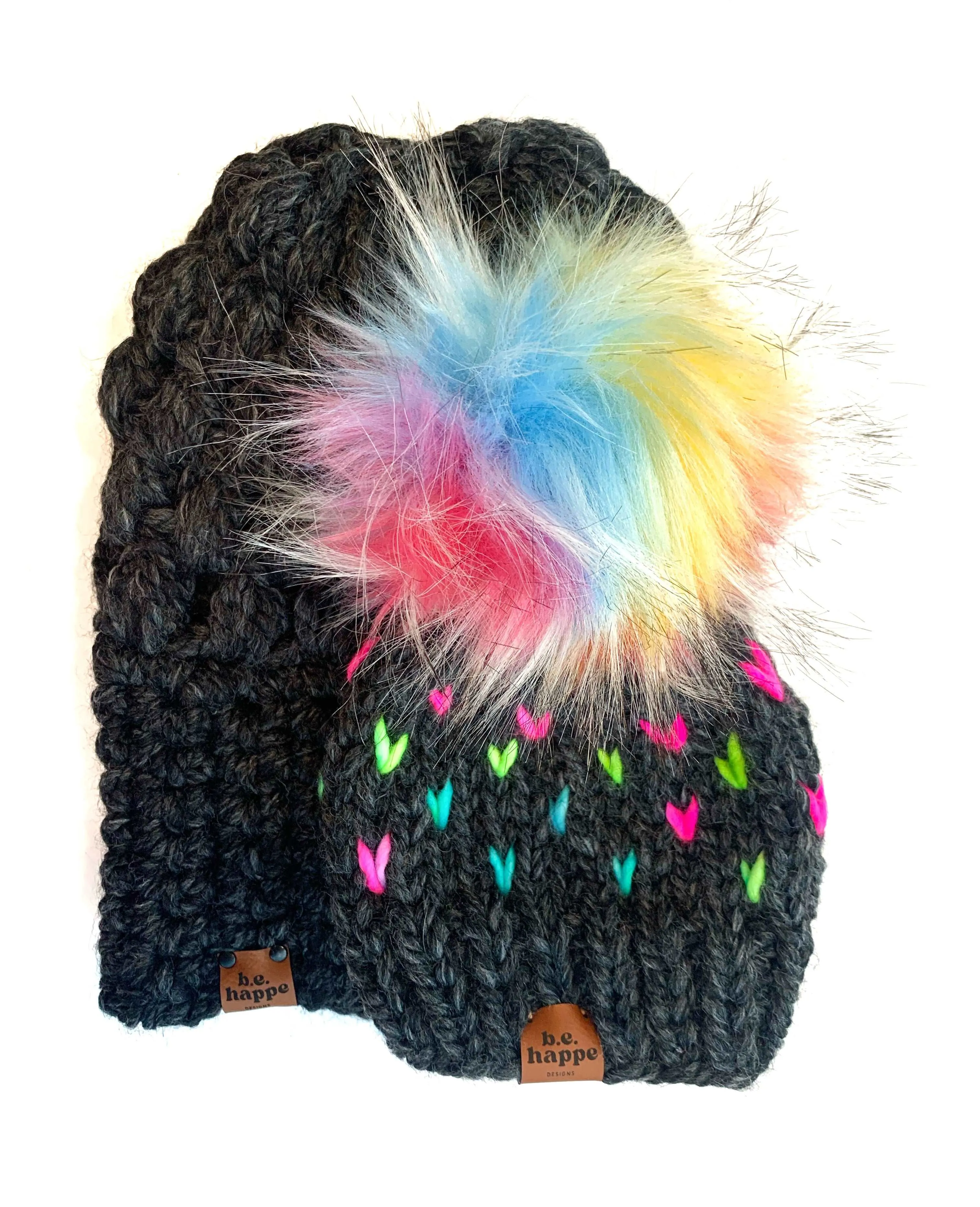 3-6 month Knit Hearts Pom Hat | Gray Rainbow