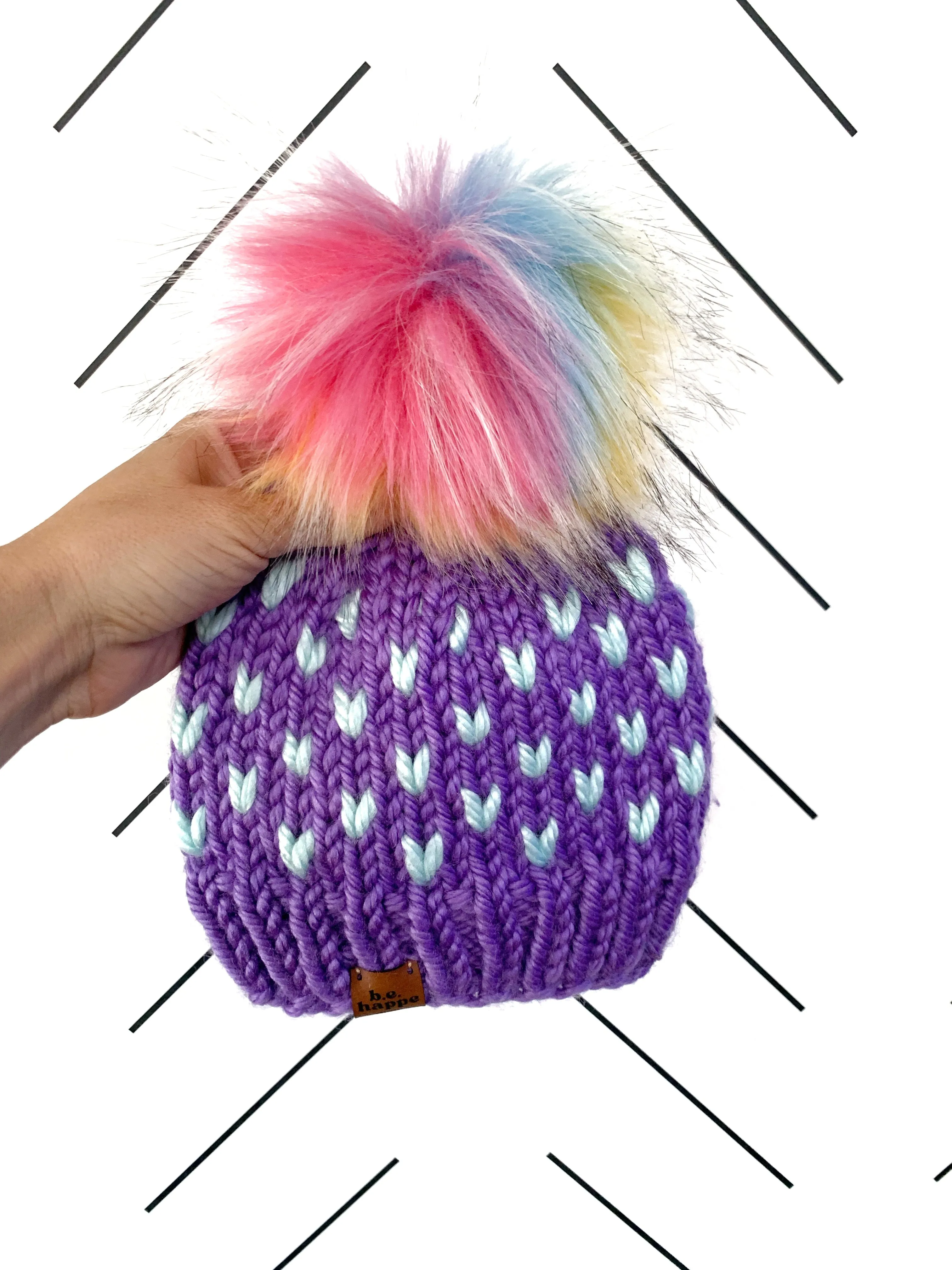 6-12 month Knit Hearts Pom Hat | Wool Free Purple Rainbow