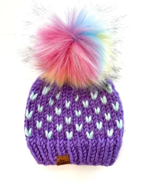 6-12 month Knit Hearts Pom Hat | Wool Free Purple Rainbow