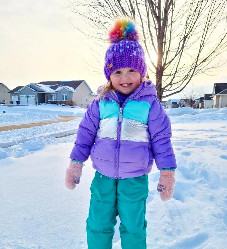 6-12 month Knit Hearts Pom Hat | Wool Free Purple Rainbow