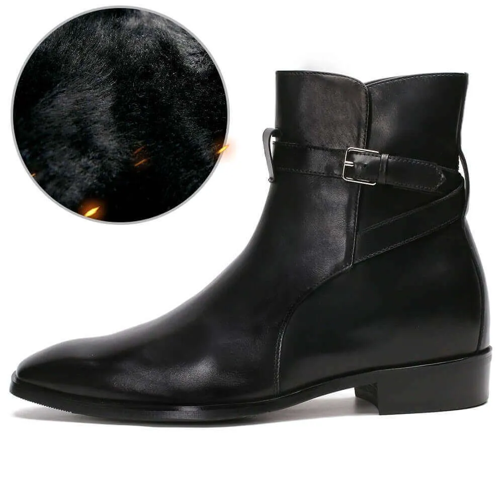 7CM / 2.76 Inches - CMR CHAMARIPA  Elevator Shoes Fur Lined Warm Boots Black Leather Ankle Wrap Boots