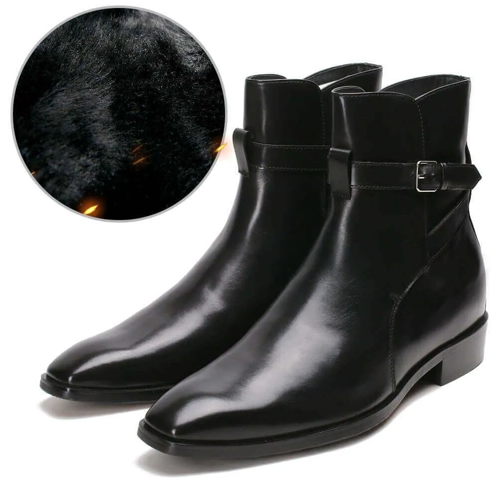 7CM / 2.76 Inches - CMR CHAMARIPA  Elevator Shoes Fur Lined Warm Boots Black Leather Ankle Wrap Boots