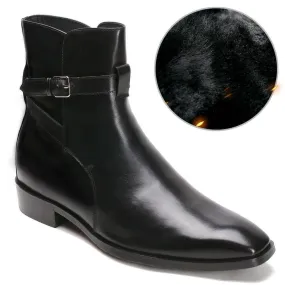 7CM / 2.76 Inches - CMR CHAMARIPA  Elevator Shoes Fur Lined Warm Boots Black Leather Ankle Wrap Boots