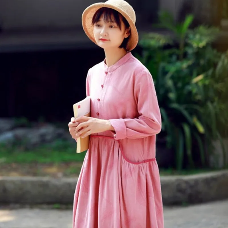 A-Line Pink Long Sleeved Retro Dress For Women