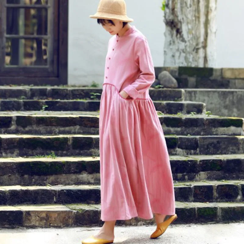 A-Line Pink Long Sleeved Retro Dress For Women