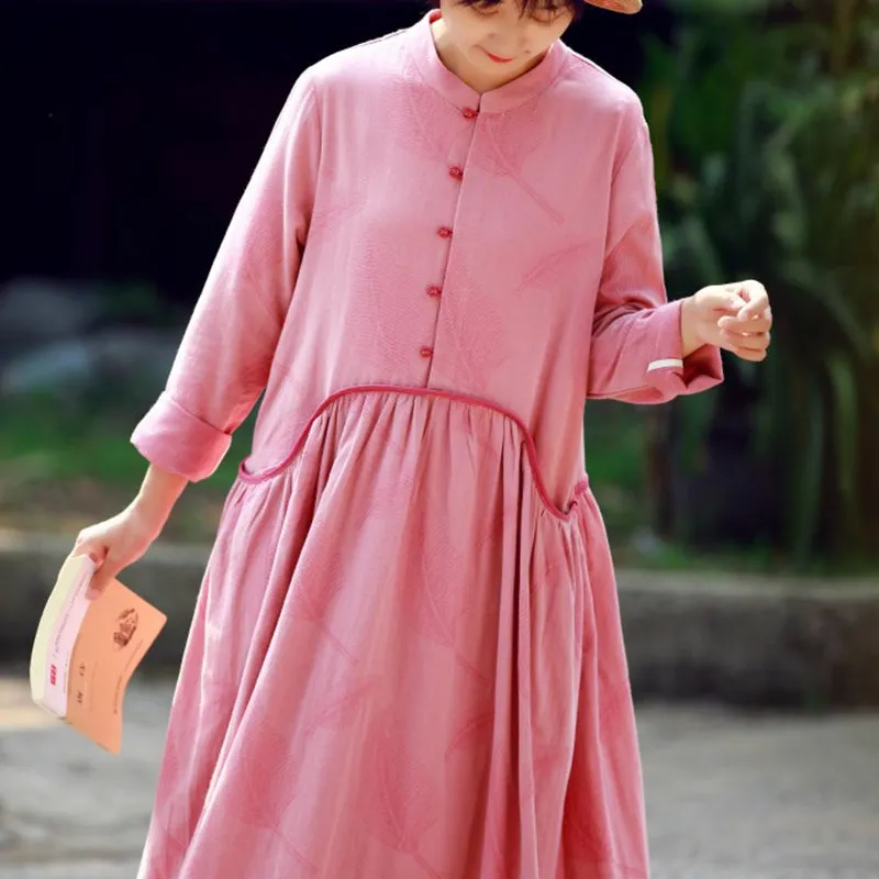 A-Line Pink Long Sleeved Retro Dress For Women