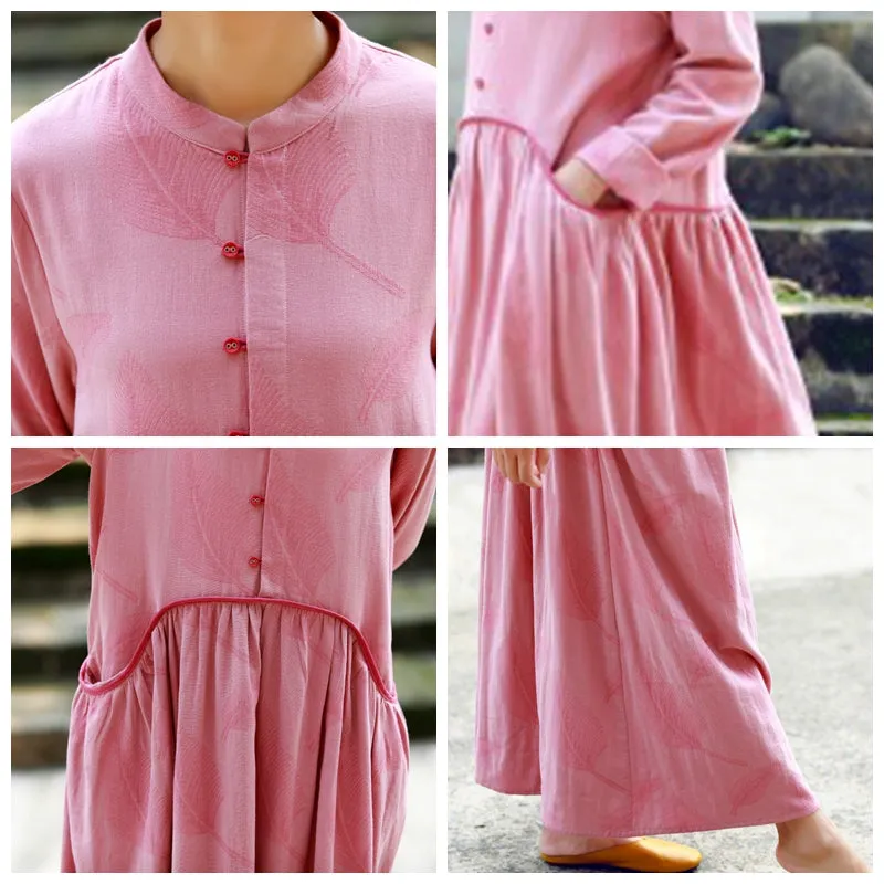 A-Line Pink Long Sleeved Retro Dress For Women