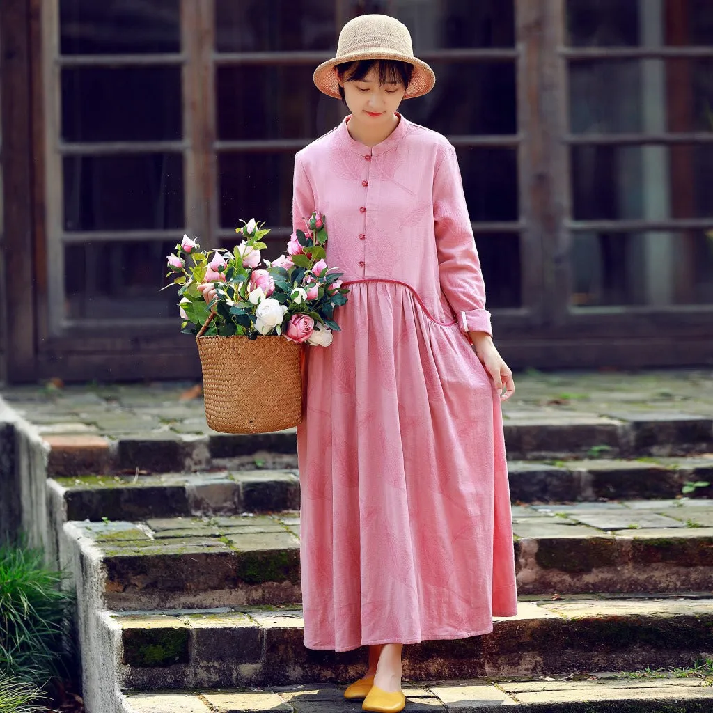 A-Line Pink Long Sleeved Retro Dress For Women