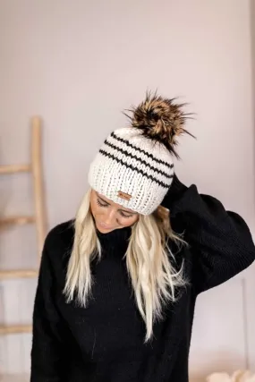 Adult Stripe Knit Pom Hat | Off White   Obsidian Black