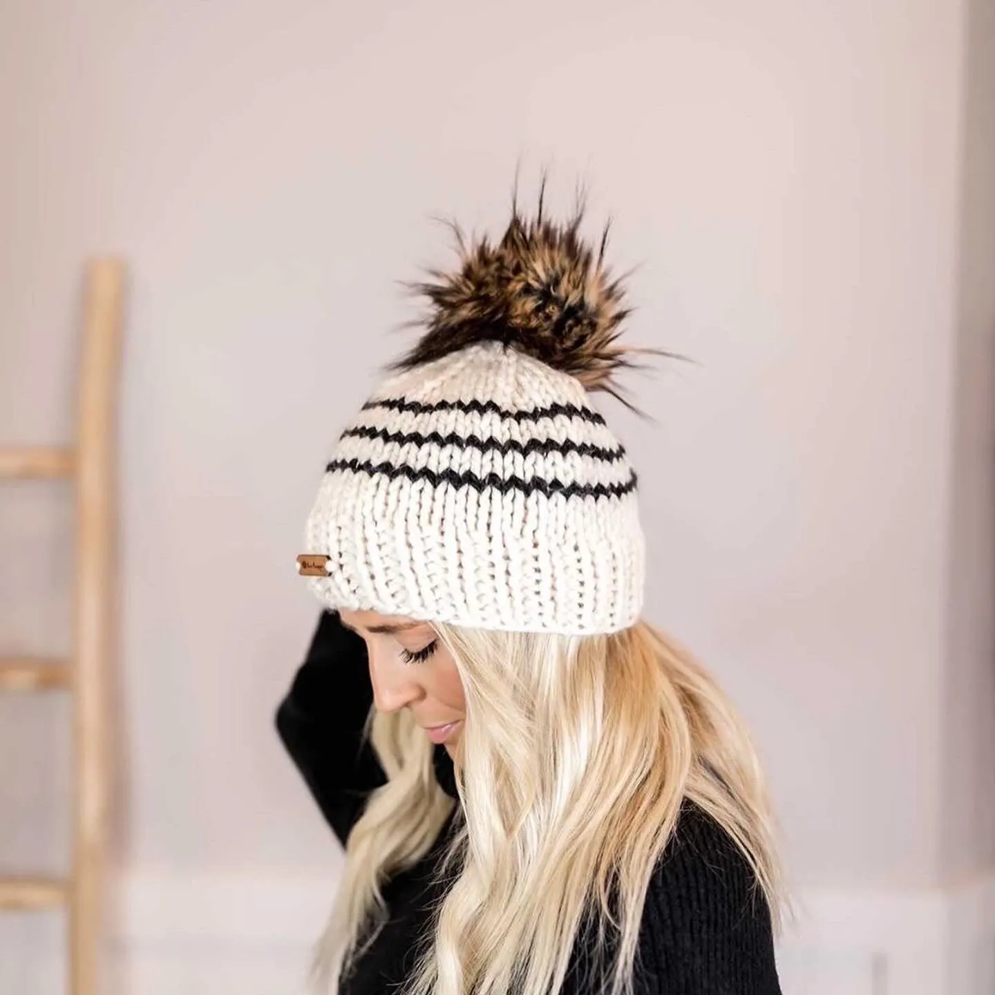 Adult Stripe Knit Pom Hat | Off White   Obsidian Black