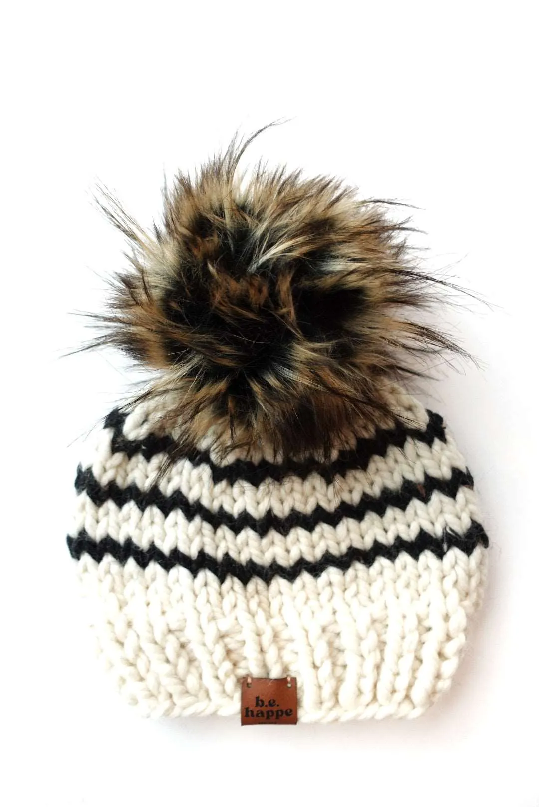 Adult Stripe Knit Pom Hat | Off White   Obsidian Black