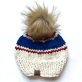 Adult Stripe Knit Pom Hat | Off White   Red   Blue