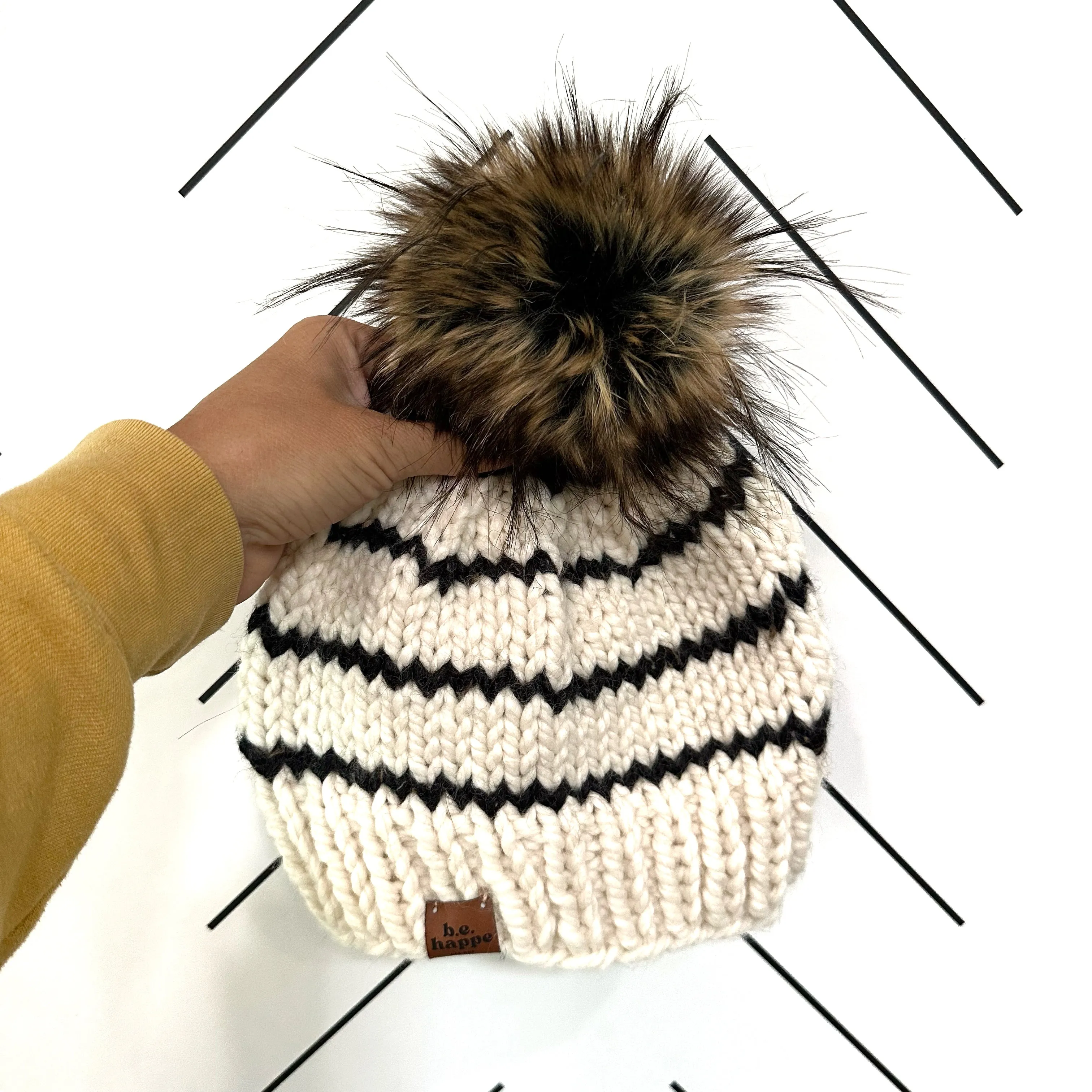 Adult Stripe Pom Hat | Obsidian Black   Off White