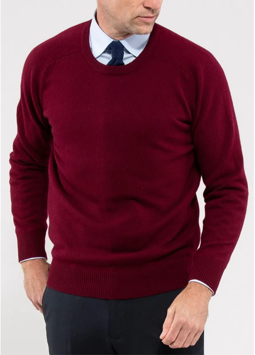 Alan Paine Sweater - Burgundy Dorset Lambswool Saddle Shoulder Crew Neck Sweater - Classic Fit