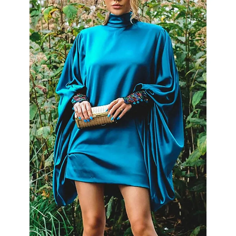 Amozae-2024 Buttoned Solid Color Batwing Sleeves Spring Loose High-neck Mini Dresses for Going out Urban Original Creation Formal