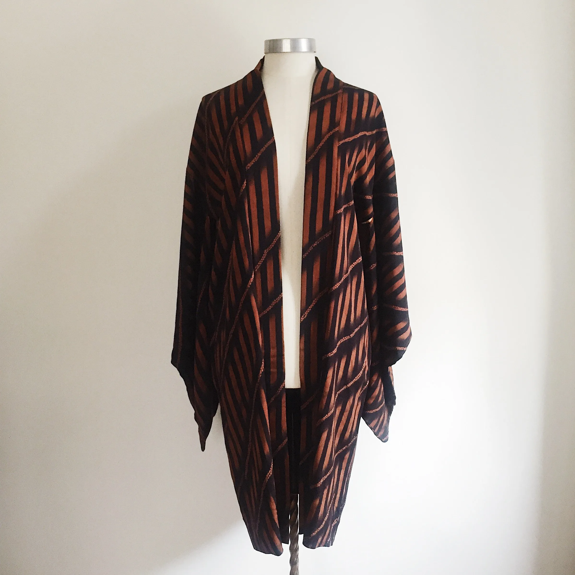 Antique Kimono Haori Jacket - Diagonal & Straight Stripes/ Mahogany & Black