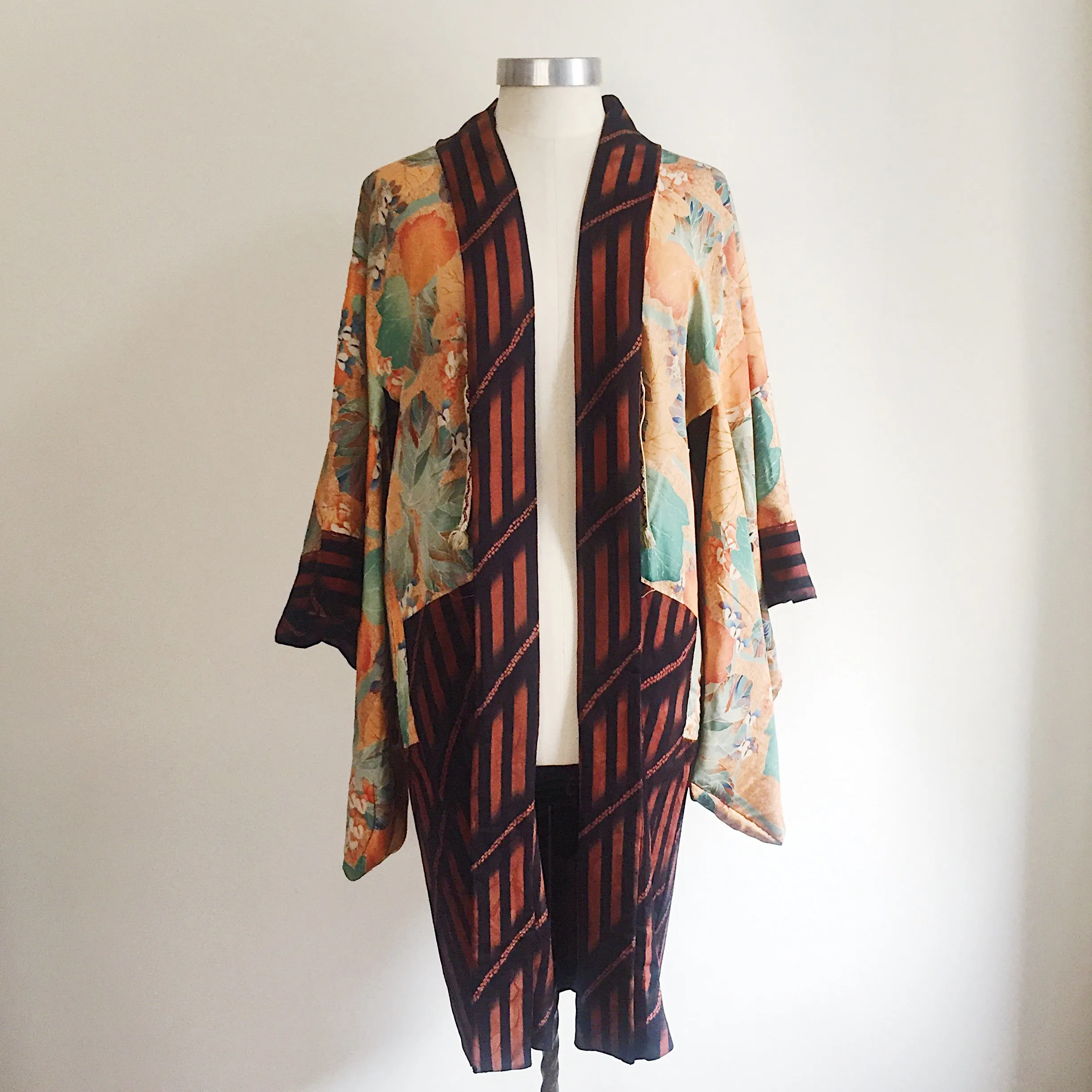 Antique Kimono Haori Jacket - Diagonal & Straight Stripes/ Mahogany & Black