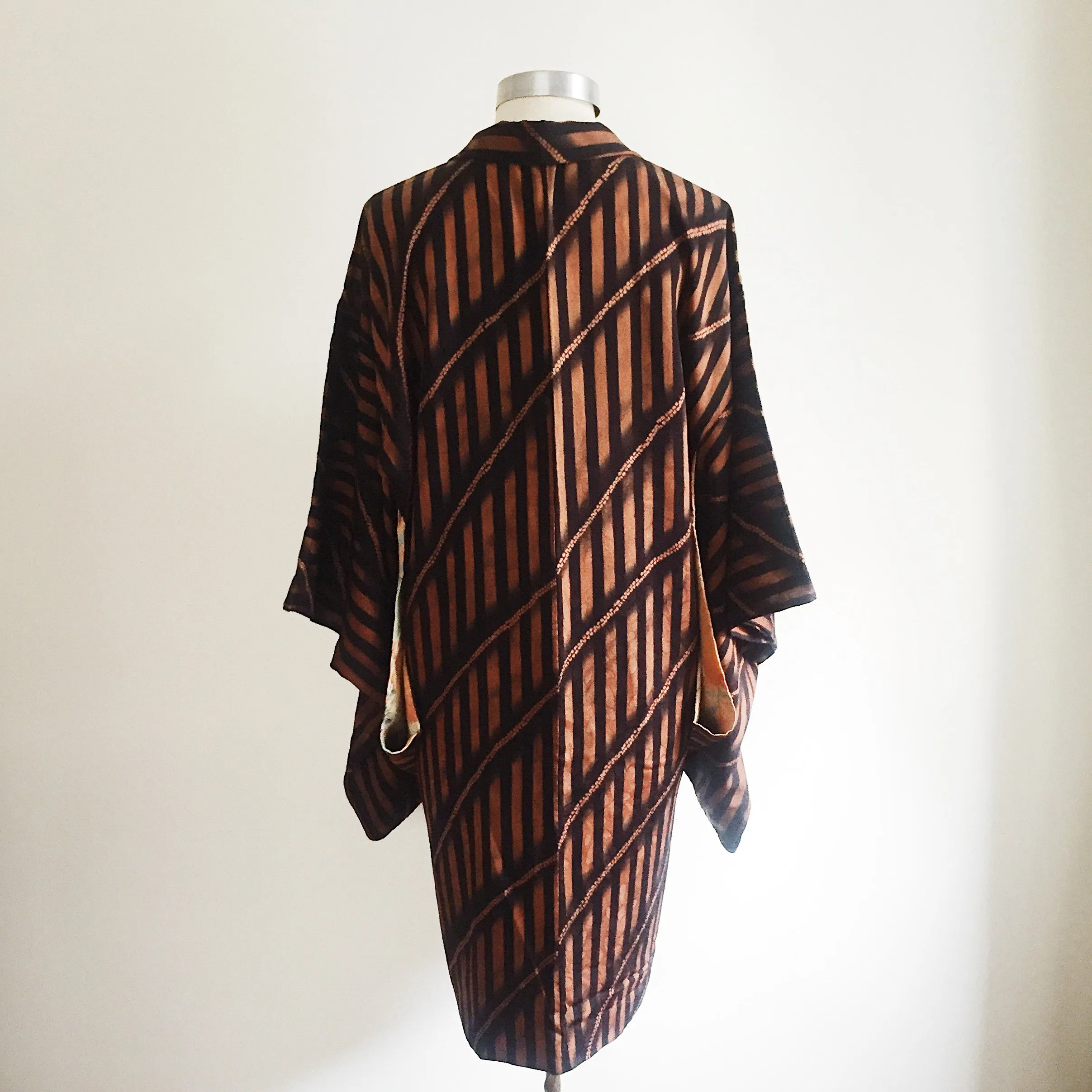 Antique Kimono Haori Jacket - Diagonal & Straight Stripes/ Mahogany & Black