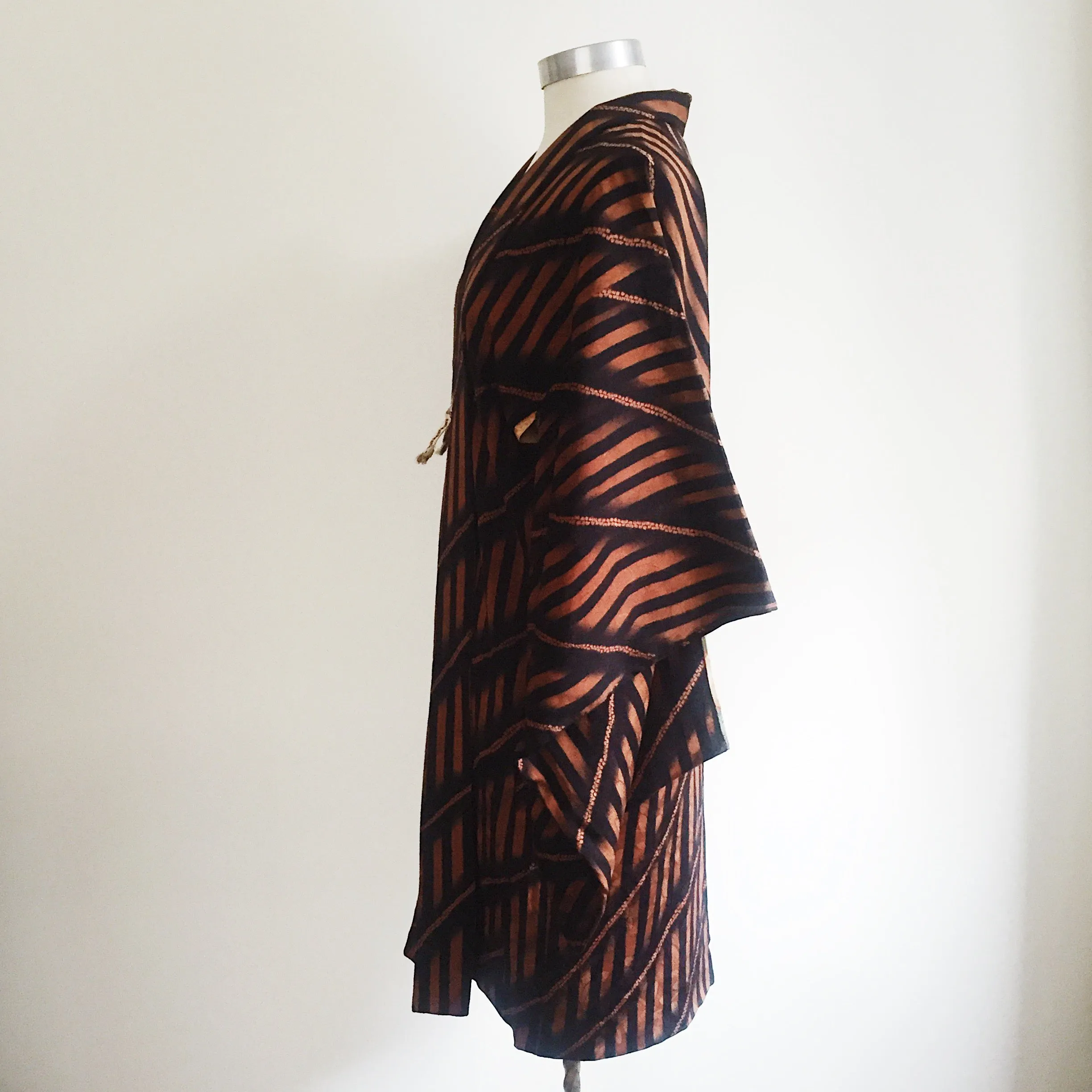 Antique Kimono Haori Jacket - Diagonal & Straight Stripes/ Mahogany & Black