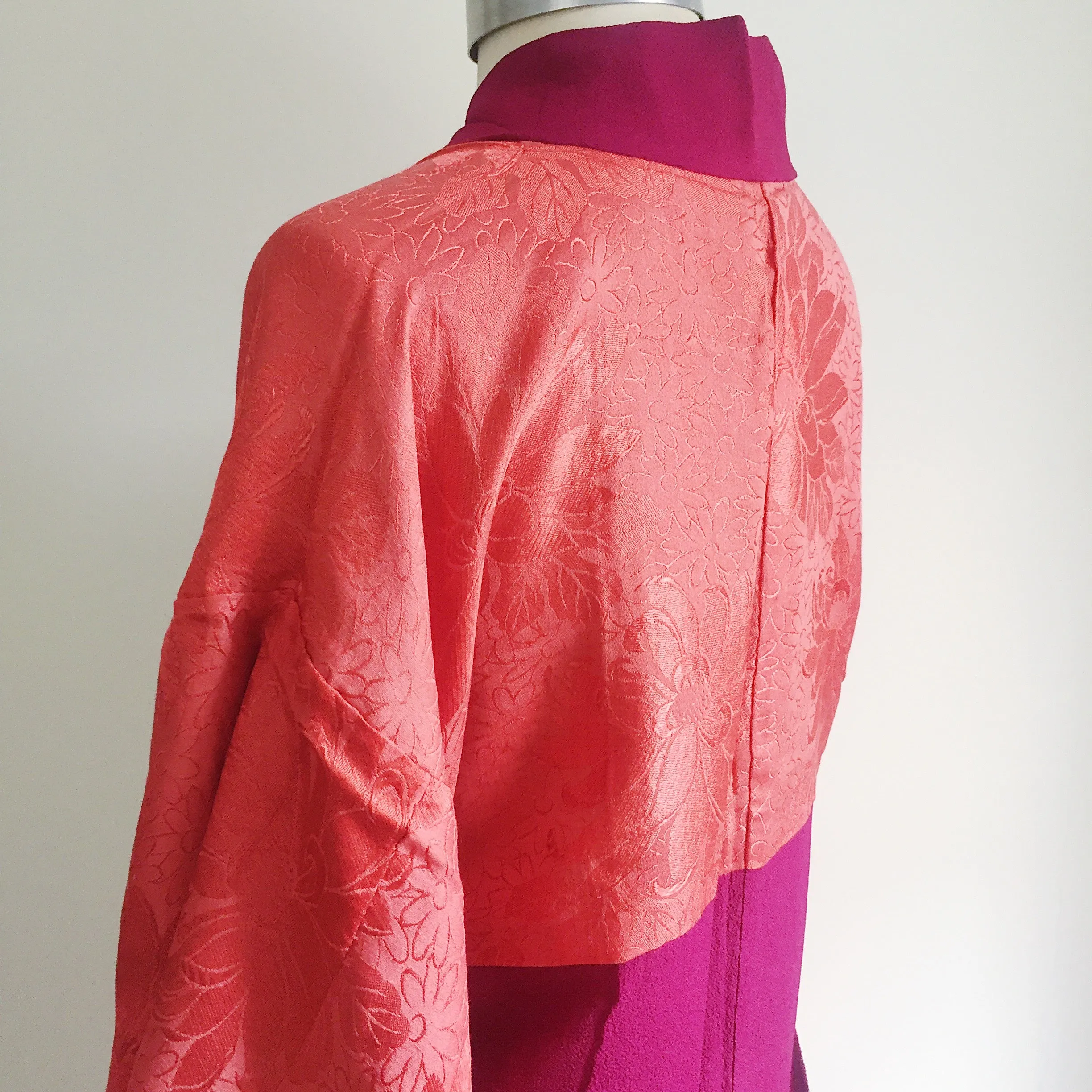 Antique Kimono Haori Jacket - Metallic Lacquered Flowers/ Deep Magenta