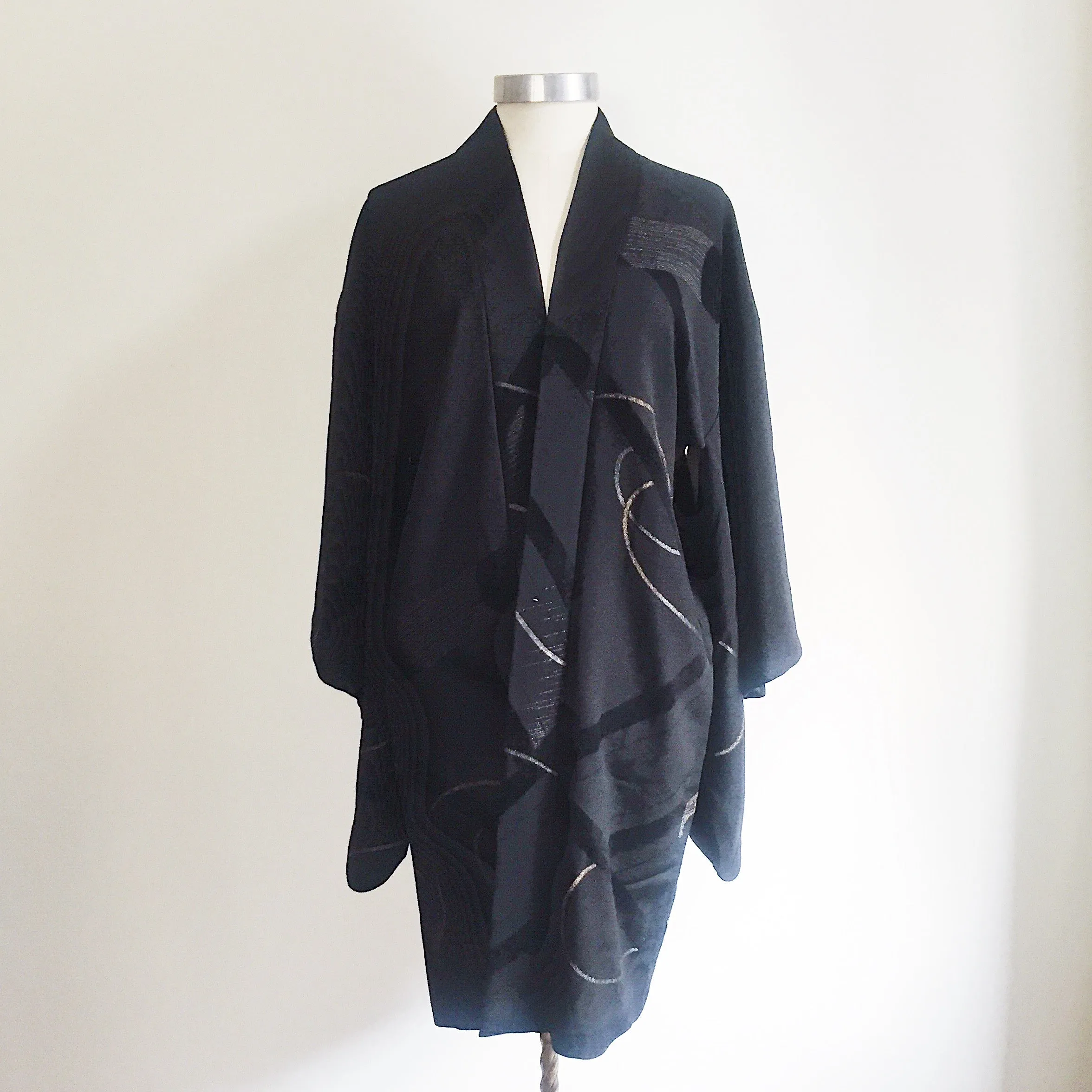 Antique Kimono Haori Jacket - Metallics & Cut Velvet Scrolls/ Midnight Black