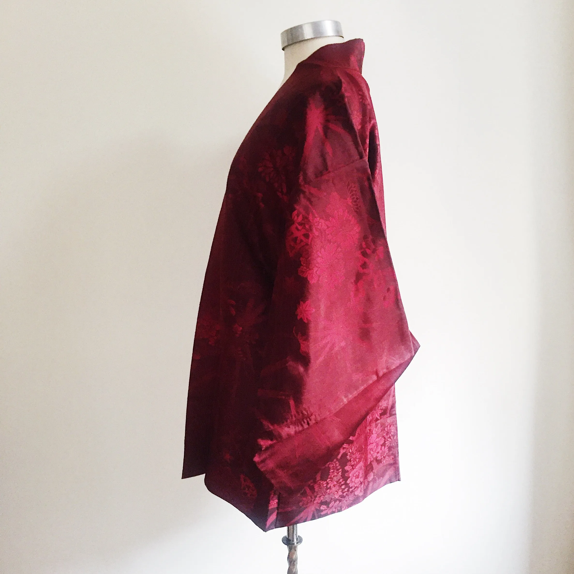 Antique Kimono Haori Jacket - Peony Cart & Stars/ Cherry Red Damask