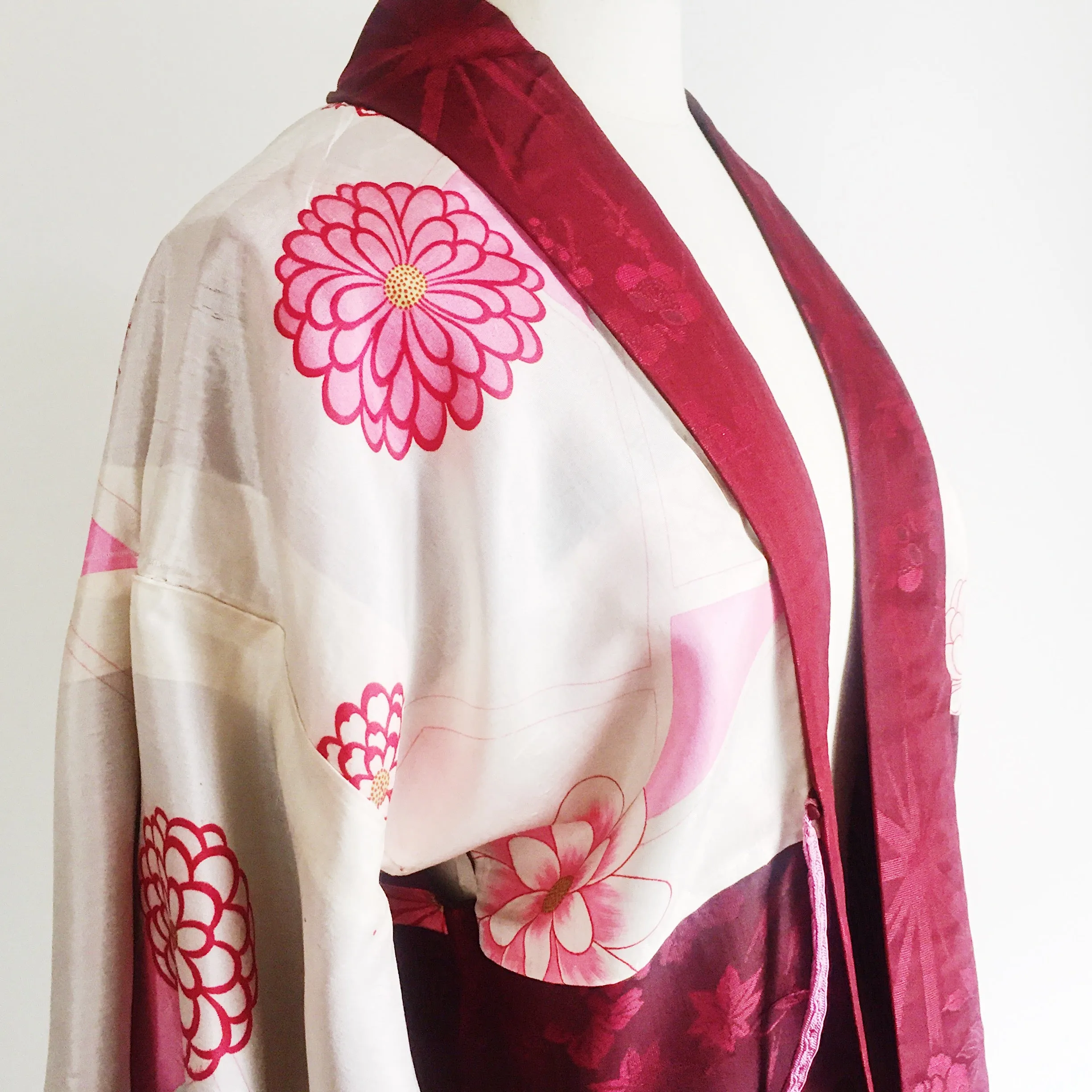 Antique Kimono Haori Jacket - Peony Cart & Stars/ Cherry Red Damask