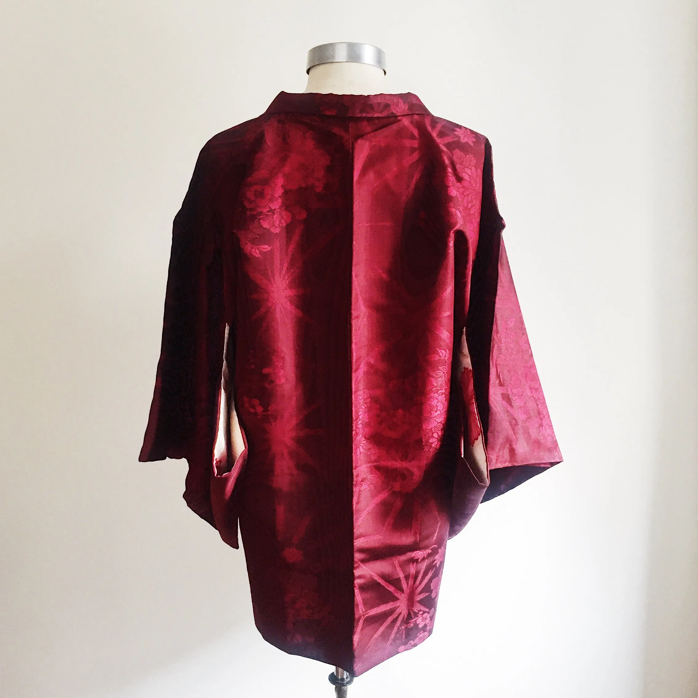 Antique Kimono Haori Jacket - Peony Cart & Stars/ Cherry Red Damask