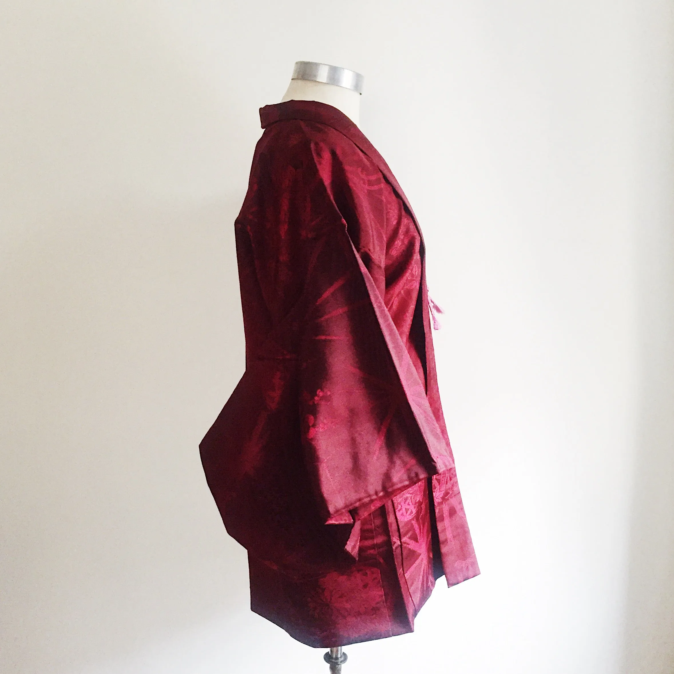 Antique Kimono Haori Jacket - Peony Cart & Stars/ Cherry Red Damask