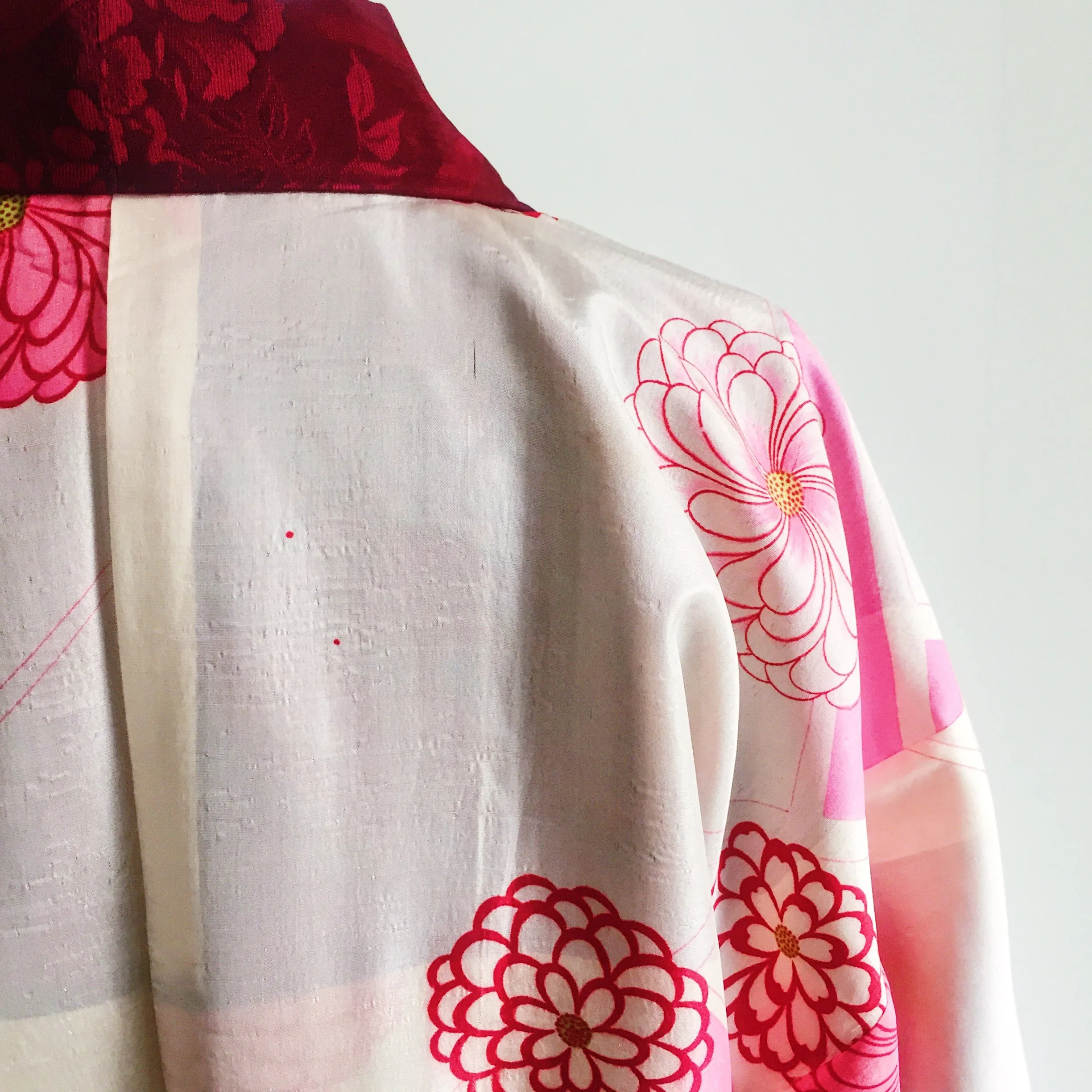 Antique Kimono Haori Jacket - Peony Cart & Stars/ Cherry Red Damask