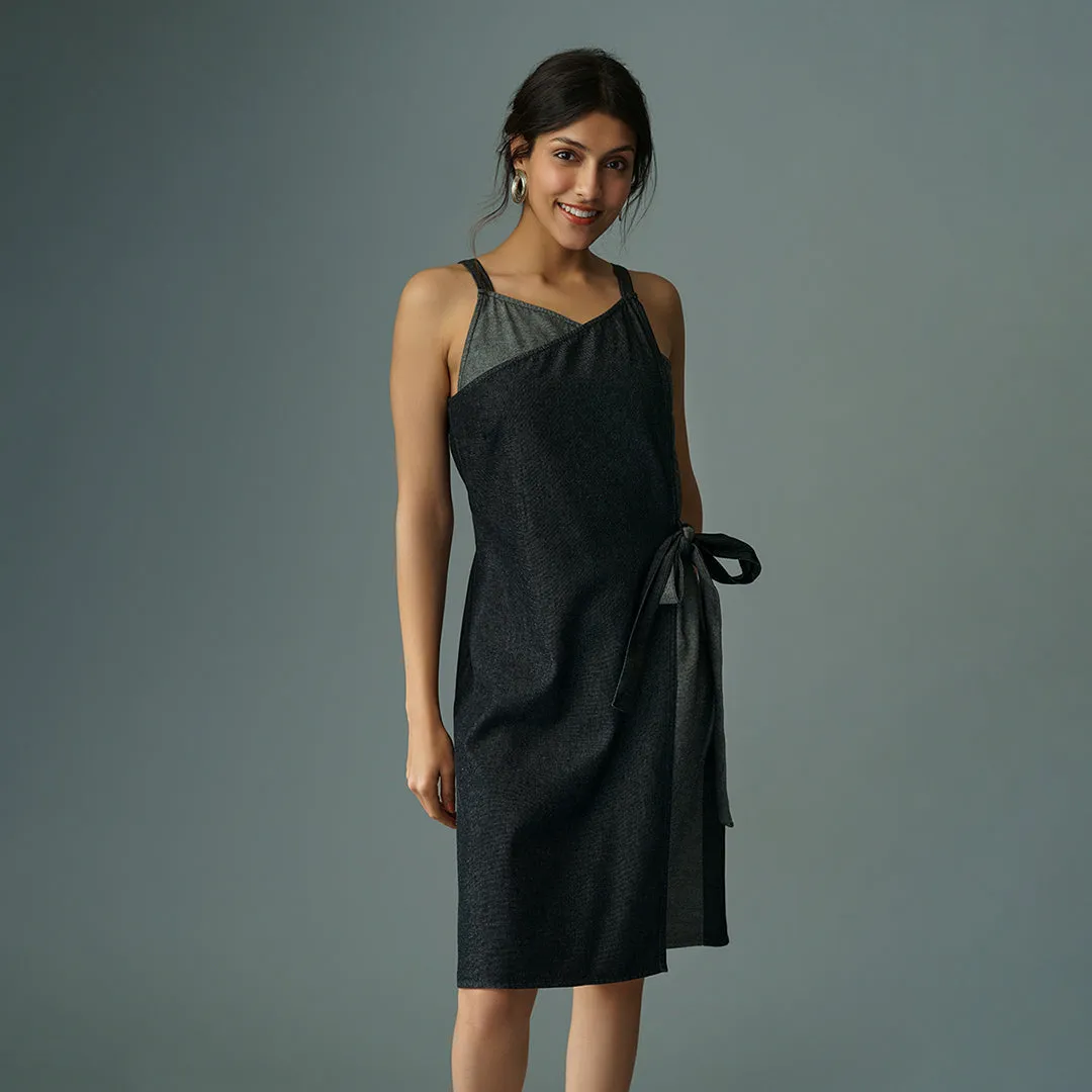 B77 Women's Knee Length Dress With Color Block Panels In Eco Denim