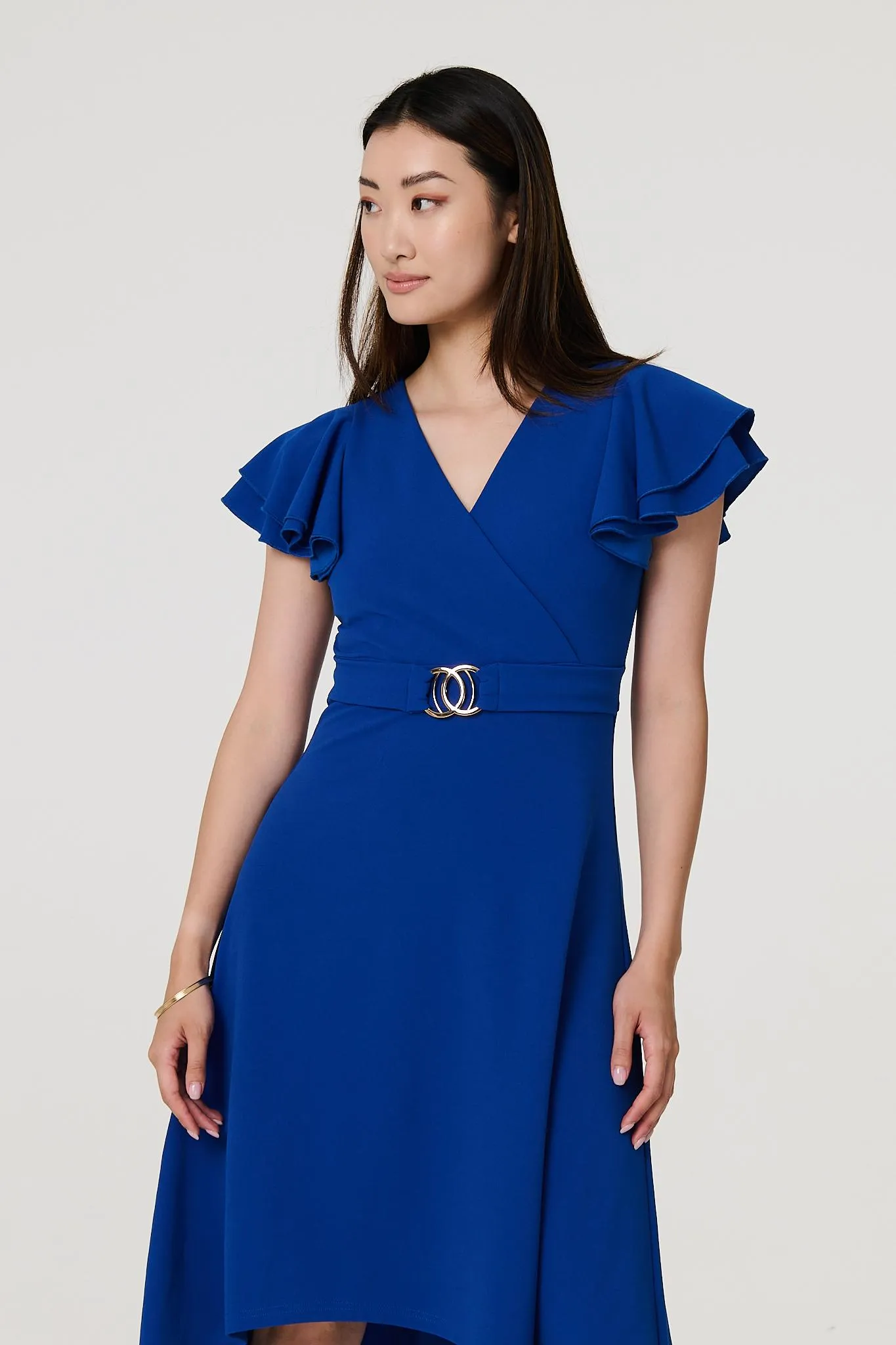 Belt Detail Frilled Sleeve Midi Dress