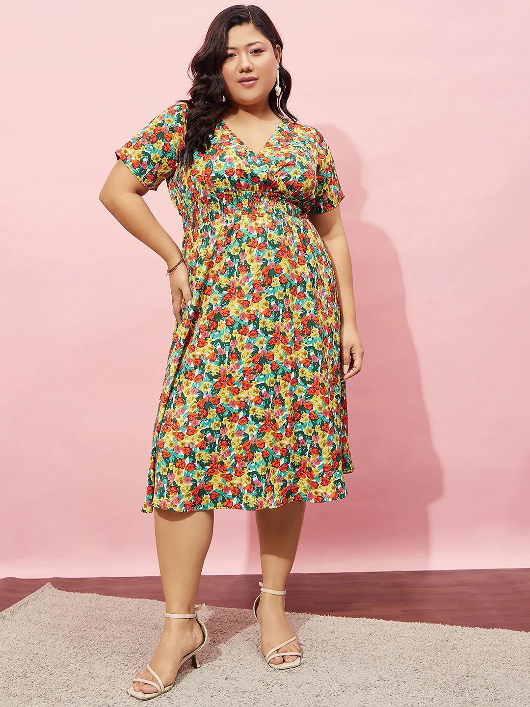 Berrylush Women Plus Size Red, Yellow, & Green Floral Printed V-Neck Crepe Flared Wrap Midi Dress